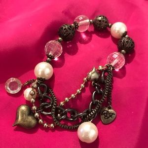 Betsey Johnson chain charm bracelet vintage heart beads pearl Valentine’s Day